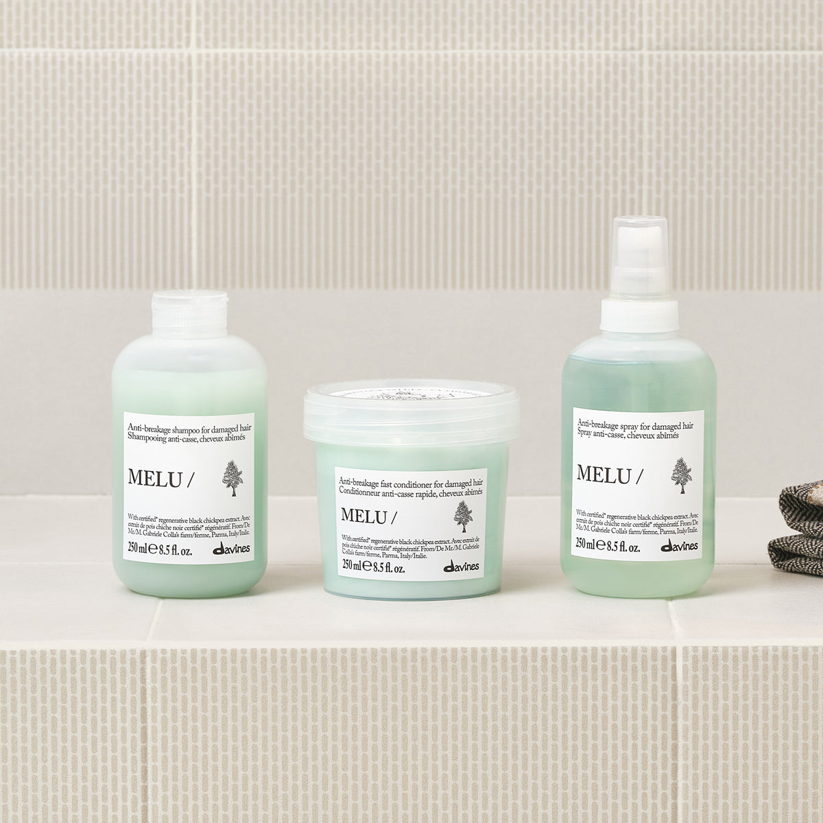 Davines MELU Shampoo, Conditioner und Spray als separat erhältliche Pflegeroutine